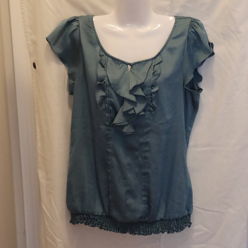 Women’s Teal Ruffle Neck Cap-Sleeve Top